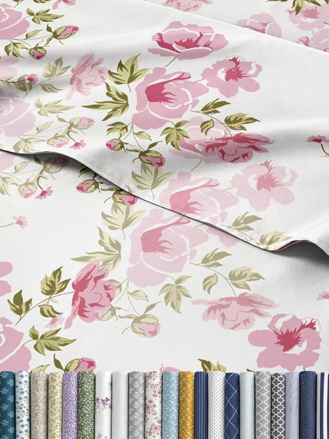 Floral Sheets - Pink Floral Bed Sheet Set - 1 Flat, 1 Fitted & 2 Pillowcases w/ Deep Pockets - Comfy, Wrinkle & Fade Free - Boho Botanical Bedding - Ultra-Soft, Breathable & Cooling - Queen Size Set