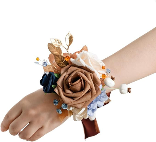 Ling's moment 6pcs Wedding Wrist Corsage Artificial Flowers, Girl/Mother Homecoming Prom Corsages Wristlet Décor, etc. Orange Navy