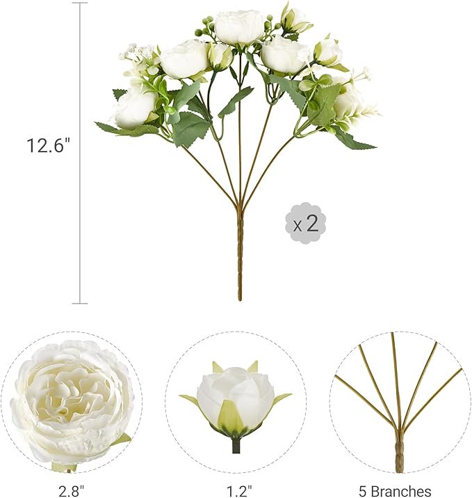 Mkono Peonies Artificial Flowers, Small Silk Flowers for Home Decor Indoor Fake Bouquet Faux Floral Arrangements Dining Table Centerpieces for Kitchen Bridal Wedding Party Decor White