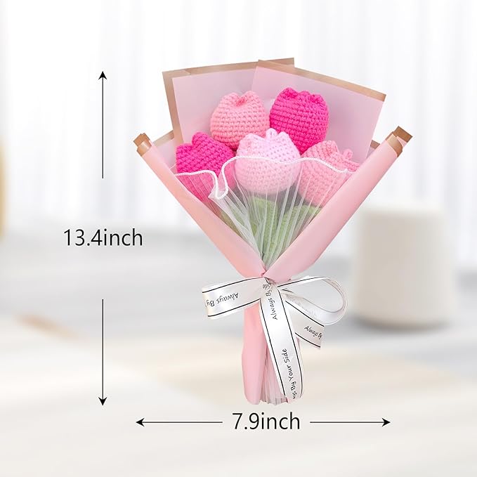 Crochet Tulip Flower Bouquet, Handmade Knitted Artificial Tulip Flowers, Gift for Mom Wife Women(Pink)