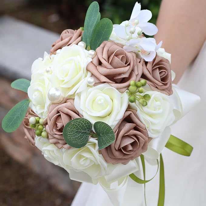 Lightweight Bridal Wedding Bouquet Round Holding Bouquet Throw Toss Artificial Rose Flower Bunch for Bride Bridesmaid Wedding Quinceanera (Cream & Rosy Brown, 9.1")
