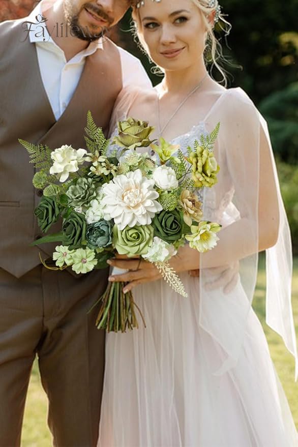 Artificial Flowers, 2PCS Silk Green Flowers for Centerpieces Decoration, Fake Cake Flowers for DIY Wedding Bridal Bouquets Home Party Floral Arrangement Decor