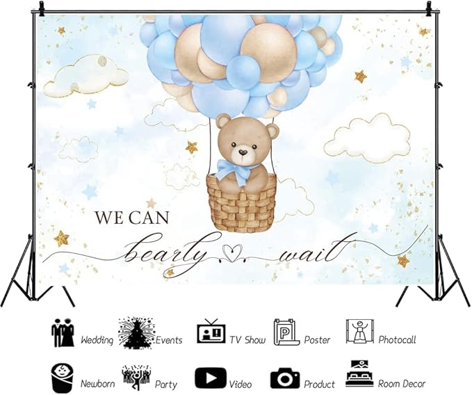 ChloropLastid We Can Bearly Wait Baby Photo Backdrop 8x6ft Baby Bear Blue Hot Air Balloon Background for Boys Balloons Clouds Stars Baby Shower Newborn Party Banner Decor Studio Prop Decor