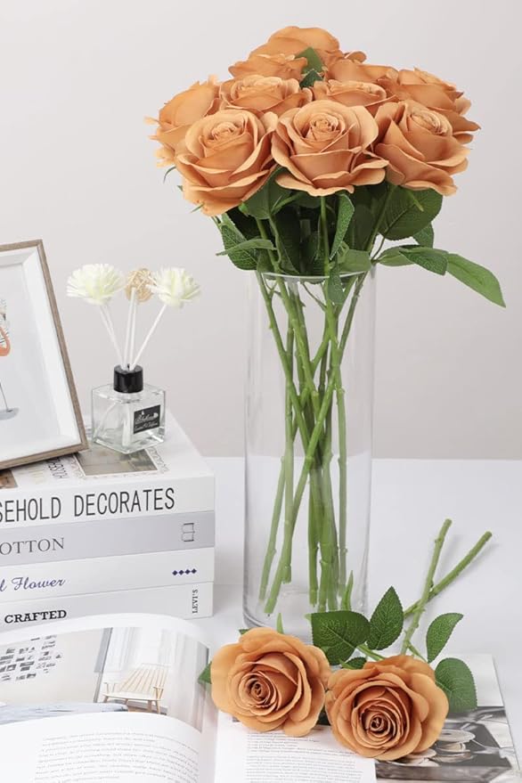 50pcs Roses Artificial Flowers Terracotta Fake Roses Flowers with Long Stems Silk Flowers for Wedding Bouquet Centerpices Decorations Party Bridal Baby Shower Home Decor