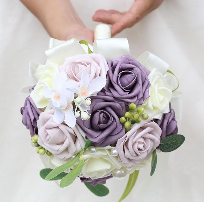 Lightweight Bridal Wedding Bouquet Round Holding Bouquet Throw Toss Artificial Rose Flower Bunch for Bride Bridesmaid Wedding Quinceanera (Cream, Deep Taro & Light Taro, 7.9")