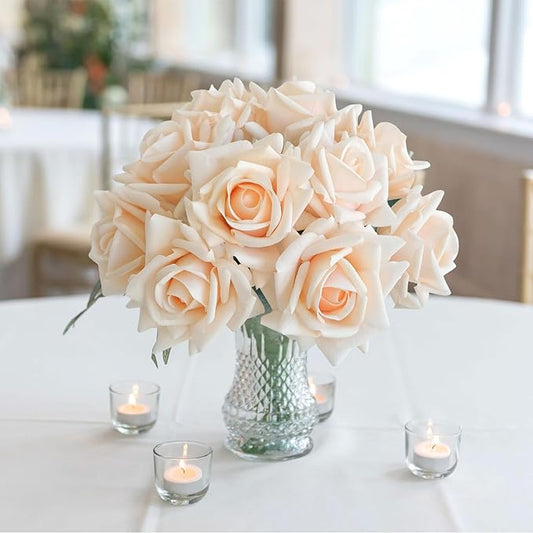 10pcs Cream Real Touch Roses Flowers, Lifelike Full Bridal Bouquet Artificial Flowers for Flower Arrangement Home Party Spring Wedding Decoration