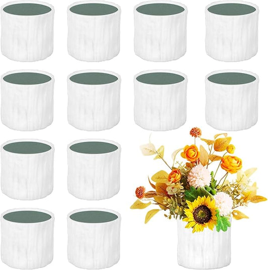 12 Set Plastic Cylinder Planter Box 4 x 4 Inch Flower Boxes for Arrangements Round Plastic Flower Box with Removable Foam Blocks Liner for Centerpiece Home Wedding Garden Decor (White Bark)