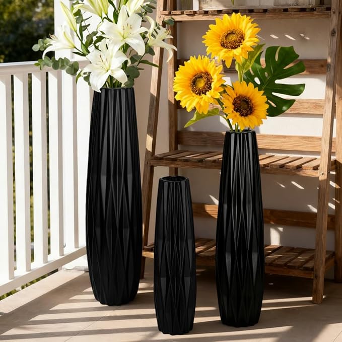 Tall Black Floor Vase – 15.7" Twisted Geometric Ceramic Vase for Modern Home, Living Room, Table Centerpiece or Corner Decoration