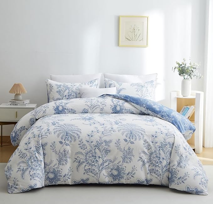 Nayoroom Floral Duvet Cover Set King Size Cottagecore White Blue Flower Leaf Comforter Cover 3Pcs Soft Breathable Microfiber Pastoral Garden Aesthetic Bedding Set with Zipper Closure