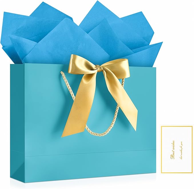 JMANNI 1PCS Large Gift Bag with Ribbon and 1 Greeting Card 2 Tissue Papers, Portable Paper Gift Bag with Handles, Birthday Gift Bags,Present Bags for Wedding Party,Mothers Day12.6" x 9.8" x 3.9"(Bule