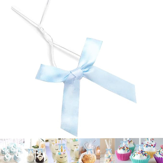 50 Pack 3" Blue Satin Twist Tie Bows, Twist Bows for Treats, Ribbon Bows with Twist Ties Gift Wrap Bows, Pretied Bows Ties for Cake Pops, Baby Shower, Sweets Packaging, Party Favors, Gifts
