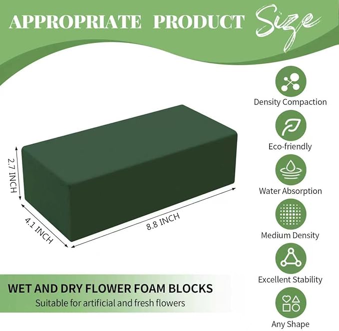 Aktor 6 Pcs Floral Foam Blocks for Fresh & Artificial Flower Arrangement, 8.8” x 4.1” x 2.7” Green Wet Foam for Wedding, Birthdays, Home, Office, and Garden Decorations