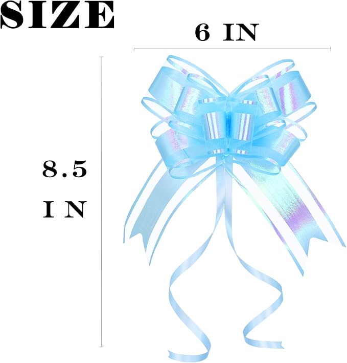 Present Bows for Gifts, Iridescent Blue Pull Bow for Baskets, Flower Bouquet, Paper, Gift Bag, Box, Baby Showers, Hanukkah(6 inches, 10PCS)
