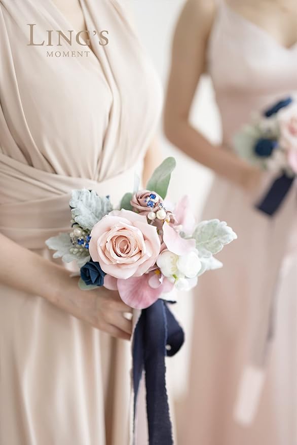 Ling's moment Artificial Flowers Dusty Rose & Navy Blue Bridesmaid Bouquet Set of 6, Wedding Flowers Bouquets for Bridesmaids, 7 Inch Bridal Bouquets for Bridesmaids, Wedding, Ceremony, etc