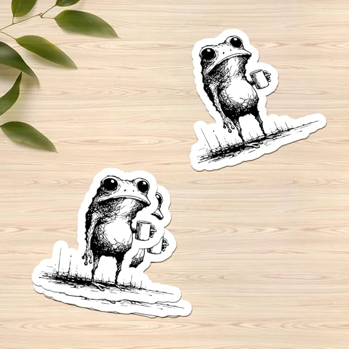 HANDICHI Design 5-Pack 3 Inch Funny Coffee Frog Stickers – Grunge Meme Vinyl Decals – Tired Frog Holding Coffee Cup Aesthetic Sticker Pack for Laptops, Water Bottles, Journals, and Scrapbooks