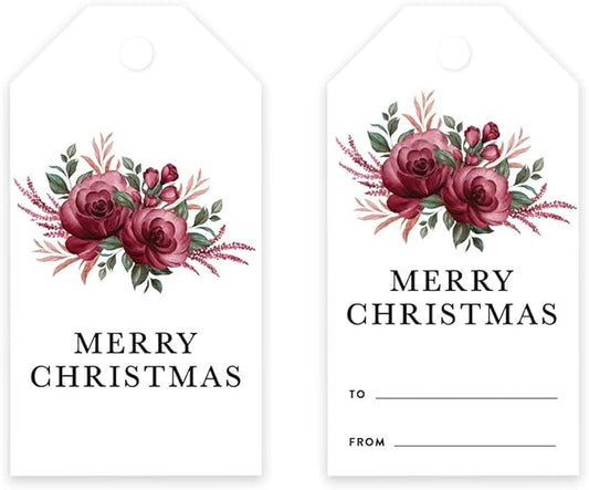 Andaz Press Christmas Holiday Season Classic Gift Tags, Merry Christmas to from Classic Favor Tags, Burgundy Floral Roses Design, for Holiday Events, Parties, and Favors, 60-Pack