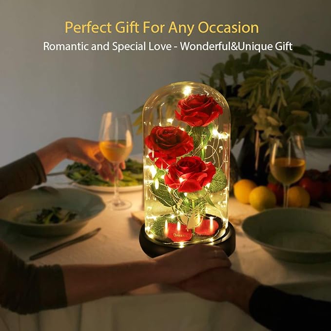 Christmas Flower Gifts for Women,Beauty and The Beast Rose in Glass Dome with 2 Light Modes,Eternal Rose Romantic Xmas Gift for Her,Xmas Birthday Gifts for Women Mom Wife Girlfriend,Silk Red Rose