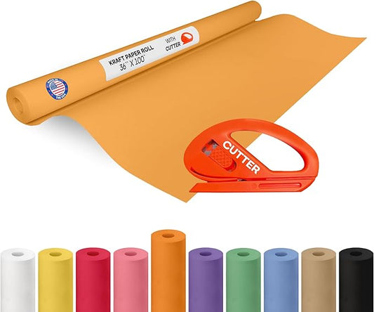 Orange Kraft Paper Roll 36" x 1200" (100 feet) with Cutter - USA-Made Gift Wrapping Paper for Packing, Moving, Shipping & Crafts/Arts - 100% Recyclable Natural Craft Material by IDL Packaging