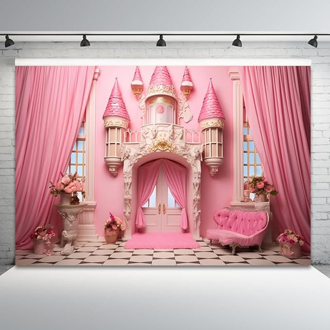 20x10ft Pink Castle Backdrop Room Door Curtain Photography Background Flowers Vases Sofa Princess Girl Birthday Banner Decorations Newborn Baby Shower Wedding Party Portrait Photo Booth Prop