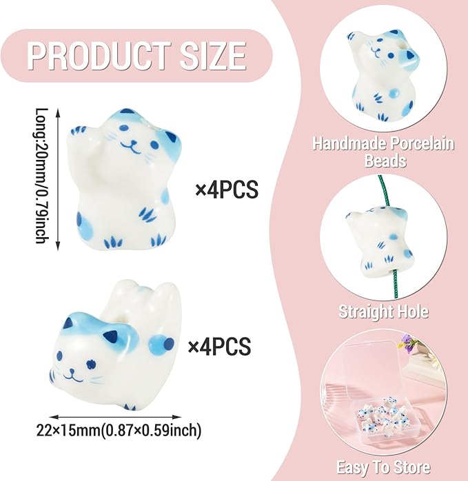 Beadthoven 8Pcs Lucky Cat Porcelain Beads 3D Blue White Handmade Craft Beads Animal Ceramic Cat Printed Ceramic Spacers with Hole for DIY Necklace Bracelet Keychain Craft Jewelry Making Supplies