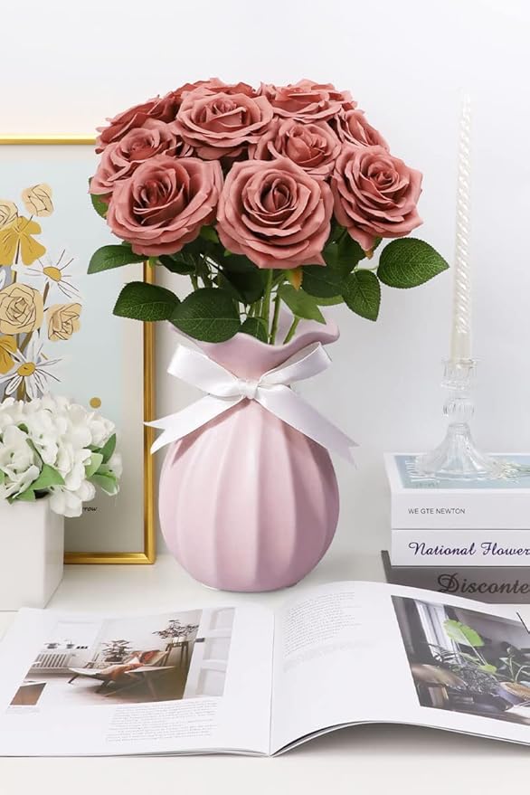 Artificial Rose Flower Dusty Rose Flowers Silk Flowers 12 pcs with Long Stem Silk Roses Bouquet for Wedding Bridal Shower Party Home Decoration