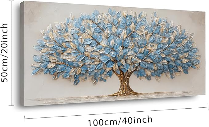 Blue Tree of Life Canvas Wall Art Nature Blue Gold Leaf Abstract Tree Canvas Painting Textured Pictures, Modern Large Panoramic Landscape Ready for Living Room Bedroom Office Home Décor 40L" x 20W"