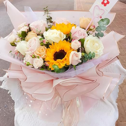 Jutieuo 20 Sheets Pink Flower Wrapping Paper, Waterproof Floral Wrap Gold Edge Bouquet Wrapping Paper Florist Supplies (22.8 x 22.8 inch)