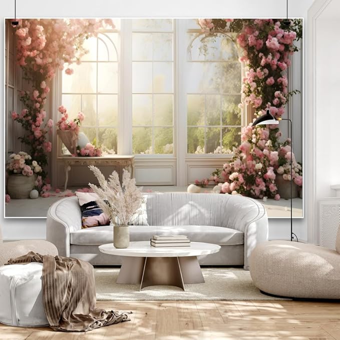 7x5ft Bridal Floral Backdrop for Wedding Pink Rose Window Scenery Green Leaves Elegant Photography Background for Valentine's Day Bridal Shower Birthday Spring Party Women Girls Portraits