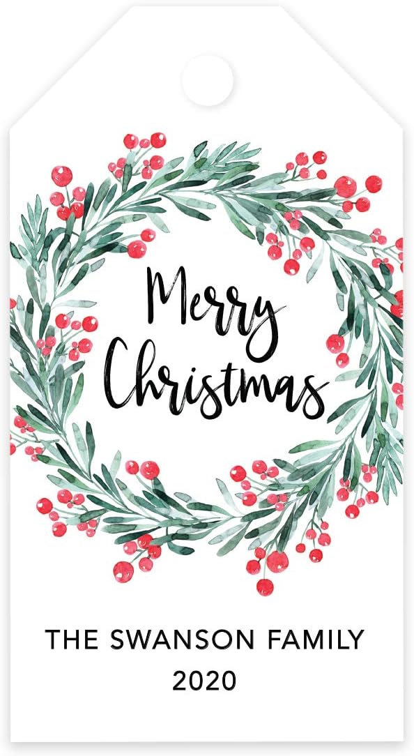 Andaz Press Personalized Christmas Holiday Season Classic Gift Tags, Merry Christmas Custom Family Name and Year, Holly Wreath Design, for Holiday Events, Parties, and Favors, 60-Pack