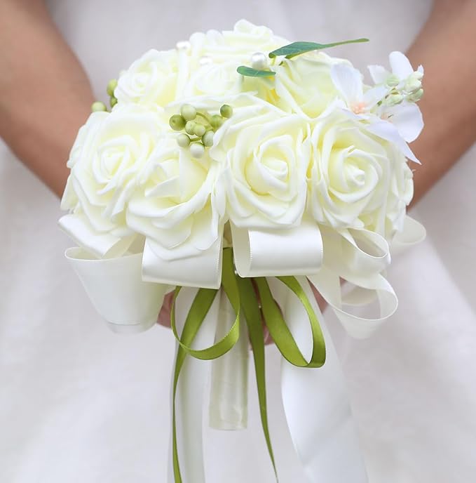Lightweight Bridal Wedding Bouquet Round Holding Bouquet Throw Toss Artificial Rose Flower Bunch for Bride Bridesmaid Wedding Quinceanera (Cream, 6.7")