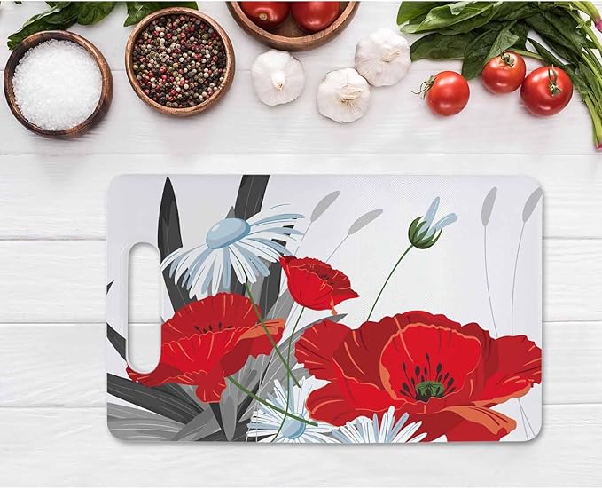 Flowers And Leaves Cutting Boards Red White Summer Cutting Boards Kitchen Chopping Board with Handles Non Slip Plastic 16 x 10 x 0.24 Inch