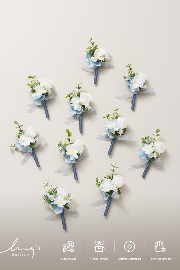 Ling's Moment Boutonniere for Men, 10pcs Groomsmen Guest Boutonniere, Artificial Flowers for Wedding Décor/Prom/Homecoming,etc.Blue