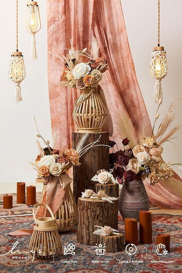 Ling's moment Artificial Flowers, 16pcs Burnt Orange Ombre Faux Silk Roses with Stems, 3.5" Fake Terracotta Flowers Bulk for DIY Wedding Bouquets Centerpieces Party Baby Shower Home Decoration