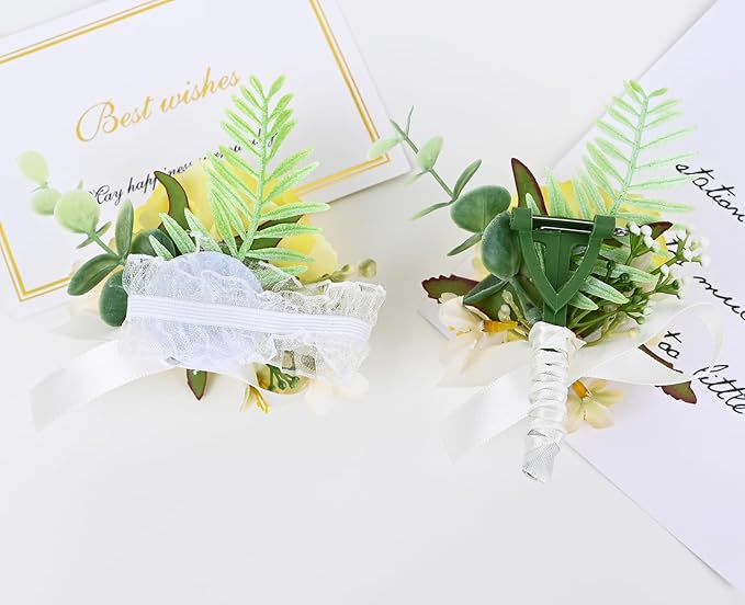 MAFELOE 2 Pieces Artificial Flower Wrist Corsage and Boutonniere Set, Groom Groomsmen Bride Bridesmaids Wedding Accessories Prom Party Suit Decorations - Yellow
