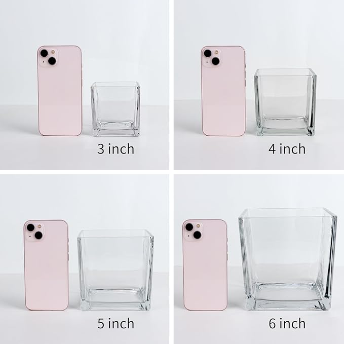 1 Pack Square Glass Vase 4" x 4" x 4", Clear Flower Vase for Centerpieces, Candle Holder for Wedding Party Events, Home Décor