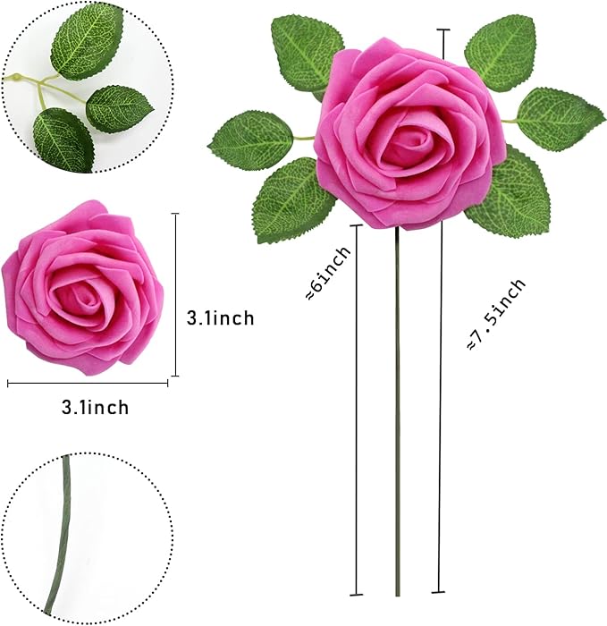 Artificial Roses Flowers 100pcs Fuschia Real Looking Foam Fake Roses with Stems for DIY Wedding Bouquets Bridal Shower Centerpieces Party Decorations (100, Rose Red)