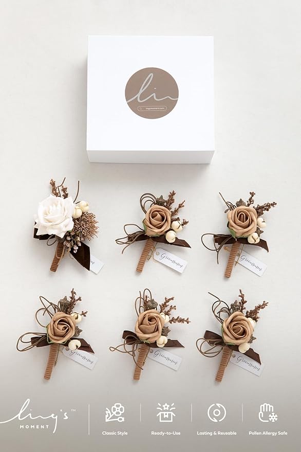 Ling's moment Boutonniere for Men, 6pcs Groom Groomsmen Boutonniere, Artificial Flowers for Wedding Decor/Prom/Homecoming, etc.Sand Beige White