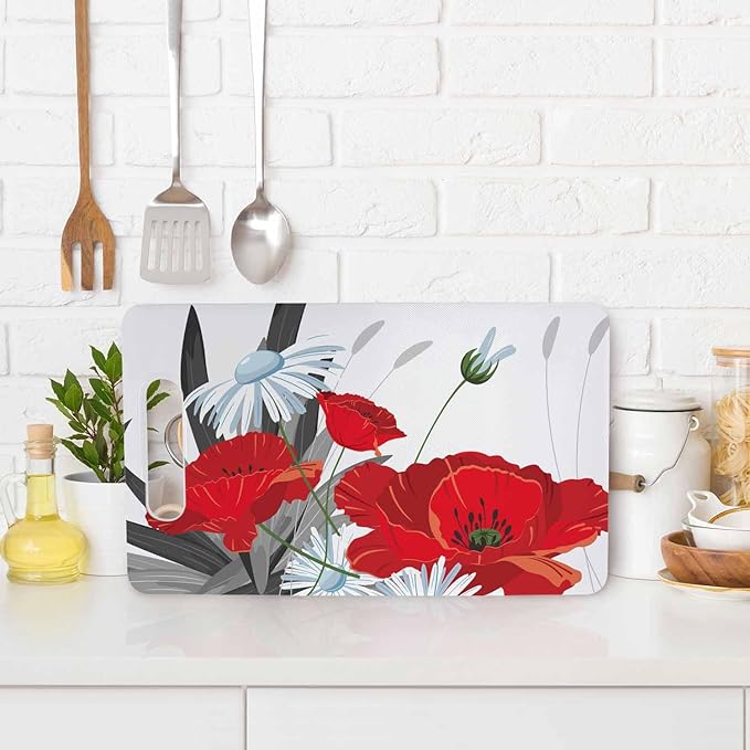 Flowers And Leaves Cutting Boards Red White Summer Cutting Boards Kitchen Chopping Board with Handles Non Slip Plastic 16 x 10 x 0.24 Inch