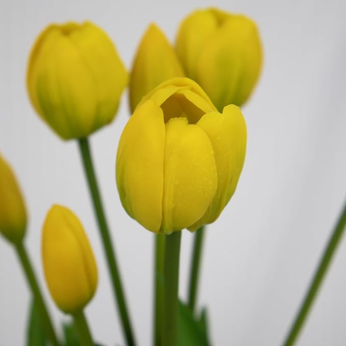 10 Pack Real Touch Tulips Artificial Flowers, 15.7 Inch Bendable Latex Tulips - No Maintenance Faux Flowers for Vase, Home Decor, Wedding Centerpiece (Yellow)