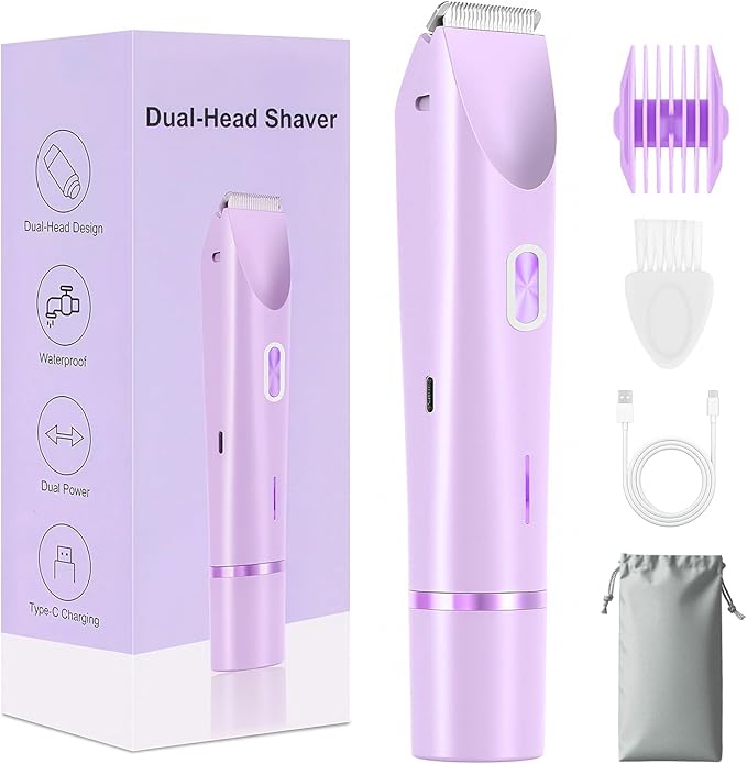 2025 New 2 in 1 Bikini Trimmer for Women, Bikini Shaver with Dual Head, Painless Smooth Shave & Gentle Pubic Hair Removal, Cordless & IPX7 Waterproof Electric Trimmer for Sensitive Skin (Purple)