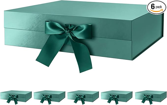 GREEN BEAN 6 Large Gift Boxes with Lids for Presents 13x9.7x3.4 Inches, Christmas Green Magnetic Gift Box with Ribbon, Bridesmaid Proposal Box, Luxury Gift Boxes (Glossy Green)