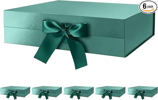 GREEN BEAN 6 Large Gift Boxes with Lids for Presents 13x9.7x3.4 Inches, Christmas Green Magnetic Gift Box with Ribbon, Bridesmaid Proposal Box, Luxury Gift Boxes (Glossy Green)