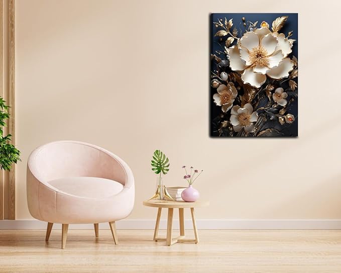 3D Abstract Flower Canvas Wall Art White Floral Texture Poster Prints Serene Blossoms Wall decor pictures for Bedroom and Bathroom Home Decorations Framed (12inx16in Canvas)