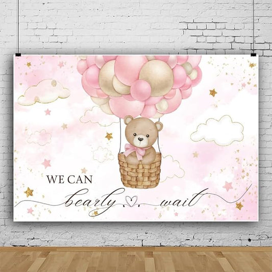 ChloropLastid We Can Bearly Wait Baby Backdrop 12x10ft Girl Bear Hot Air Balloon Baby Shower Photography Background Pink Balloons Clouds Stars Baby Party Cake Photo Decoration