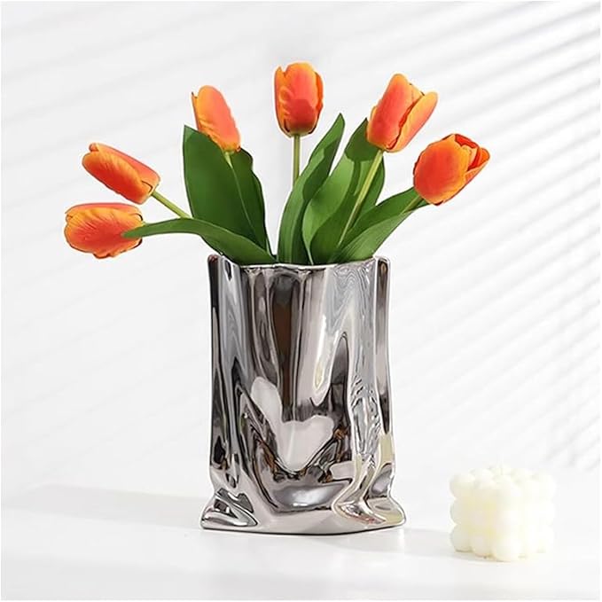 Ceramic Silver Flower Vase, Crinkle Paper Shape, Metal Decorative Home Accent (Large)