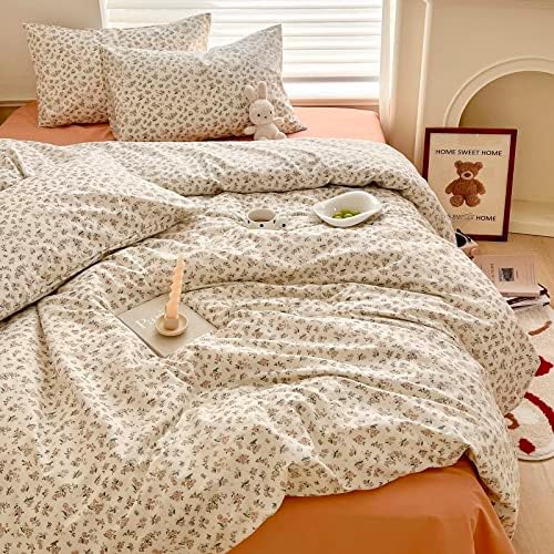 EAVD King Cotton Bed Linen Set, Garden Style, 100% Cotton, Small Floral, 1 Duvet Cover, 2 Pillowcases, Zipper Closure