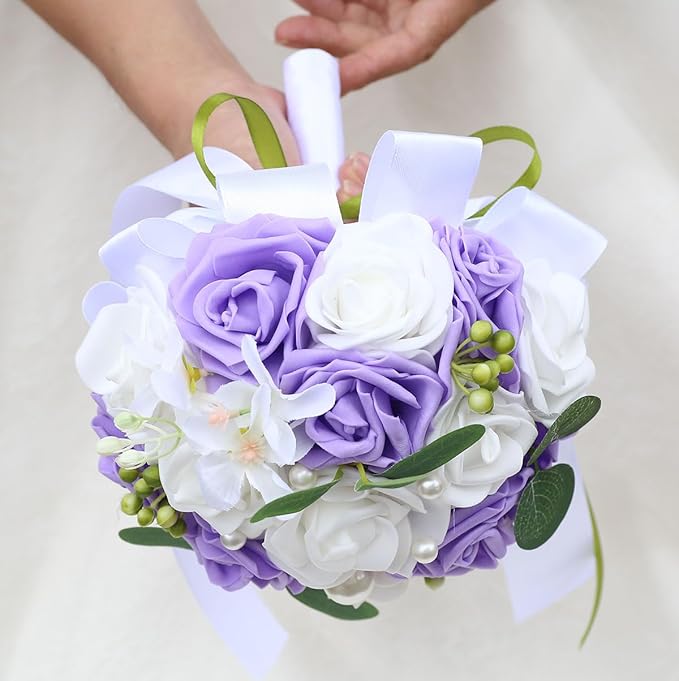 Lightweight Bridal Wedding Bouquet Round Holding Bouquet Throw Toss Artificial Rose Flower Bunch for Bride Bridesmaid Wedding Quinceanera (White & Mid Purple, 9.1")