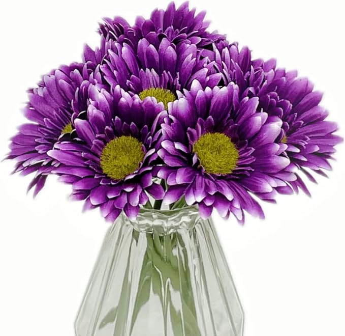 16PCS Purple Flowers Gerbera Daisy Silk Flowers Artificial Flowers Artificial Daisy Fake Flowers Bouquet for Wedding Bridal Bouquet Party Home Kitchen