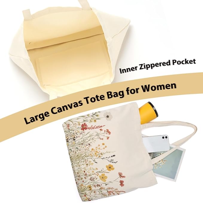 Aesthetic Floral Canvas Tote Bag for Women with Pocket, Tote Bags for Grocery Shopping Travel Christmas Birthday
