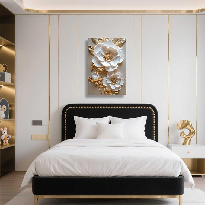 ZSHARTSWD Abstract White & Gold Floral Canvas Wall Art Elegant Flowers Pictures Prints White Flower Golden Leaves Painting Living Room Bathroom Decor Framed (Gold, 20L x 16W)